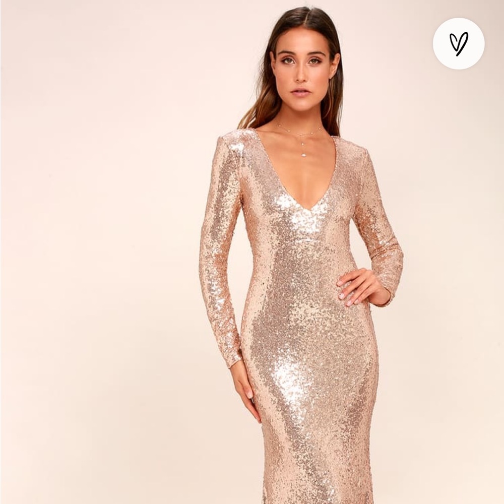 Capture the Moon Rose Gold Long Sleeve Sequin Maxi Dress